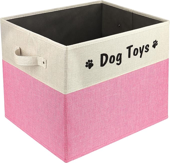 PET ARTIST Large Dog Toy Basket, Foldable Dog Toy Bin Box for Living Roon Area, Collapsible Storage Baskets with Comfortable Handles for Pet Coat,Accessories, Pink, 15"x13"x12"