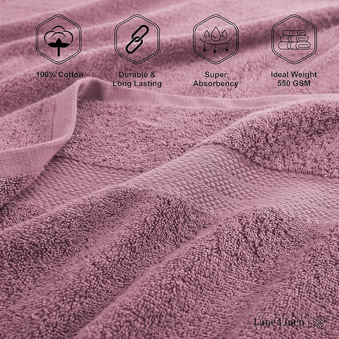 LANE LINEN 100% Mercerized Cotton Bathroom Towel Set - 6 Pcs - Ring Spun, Fluffy, Soft & Highly Absorbent - 2 Bath, 2 Washcloths, 2 Hand Towels - Avaialable in Wide Variety of Colours - Wishful Mauve