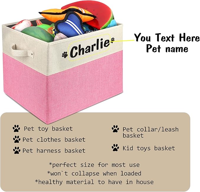 PET ARTIST Large Dog Toy Basket, Custom Toy Bin Box Personalized with Pet's Name, Collapsible Pet Storage Baksets With Handle for Toys,Blankets,Accessories- Pink