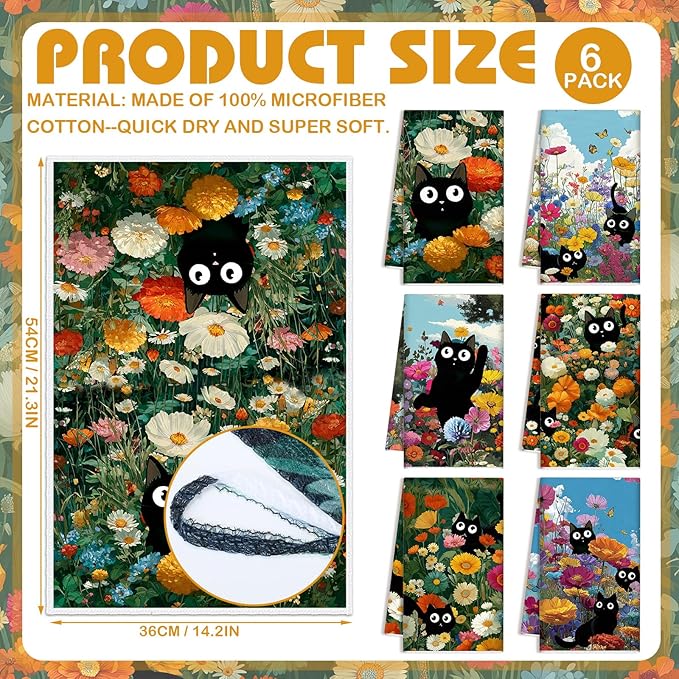 Redbaker 6 Pcs Black Cat Kitchen Towels Retro Wildflower Floral Dish Towel Cute Kitty Absorbent Kitchen Hand Tea Dishcloth with Hanging Loop for Cat Lover Bathroom Home Housewarming Gift