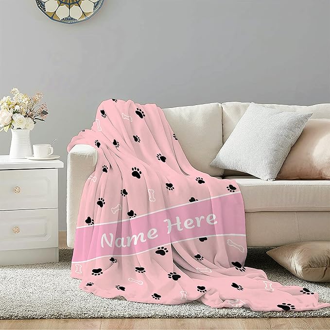 Custom Pet Name Blanket Personalized Dogs Customized Puppy ,Dog Gift for Dog Lovers Mom Dad Cute Paw Prints Soft Flannel Throw Bed Sofa Travel Extra Small 40''x30'' Pink Dog Paw Print