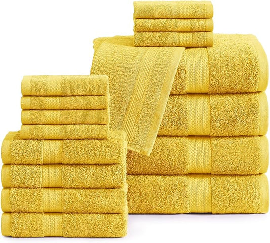 LANE LINEN 100% Mercerized Cotton Bathroom Towel Set - 16 Pieces - Fluffy, Super Soft & Highly Absorbent - 4 Bath Towels, 8 Washcloths, 4 Hand Towels - Ring Spun, Double Sided Cotton Terry - Mimosa
