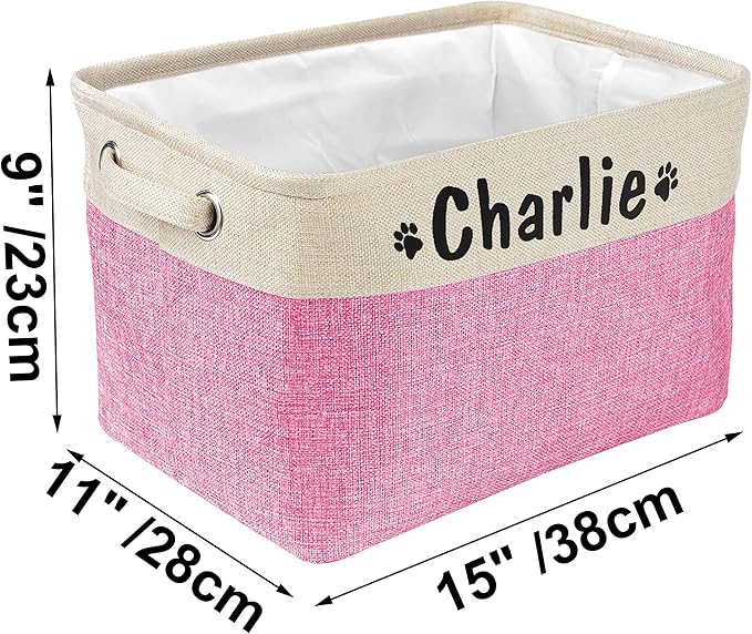 PET ARTIST Collapsible Pet Toy Storage Basket Bin - Personalized with Pet's Name, Rectangular Storage Box Chest Organizer for Toys, Coats, Clothing & Accessories, Pink