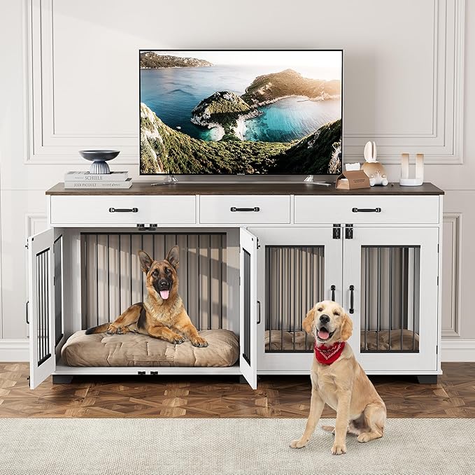 71 in Dog Crate Furniture for 2 Dogs, Wooden Double Dog Crate with 3 Drawers and Removable Room Divider, XXL Indoor Dog Kennel TV Stand End Table with Double Doors for Large Medium Dogs, White