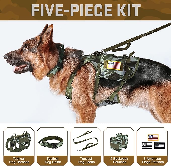 Forestpaw Tactical Dog Harness Tactical Dog Collar with Bungee Leash Set,No Pull Military Dog Harness for Walking Training,Adjustable for Medium Large Dogs,Camouflage Green,Chest 15.5-25.5"