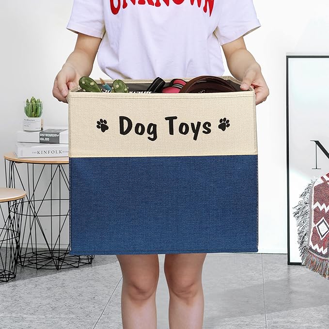 PET ARTIST Large Dog Toy Basket, Foldable Dog Toy Bin Box for Living Roon Area, Collapsible Storage Baskets with Comfortable Handles for Pet Coat,Accessories, Navy Blue, 15"x13"x12"