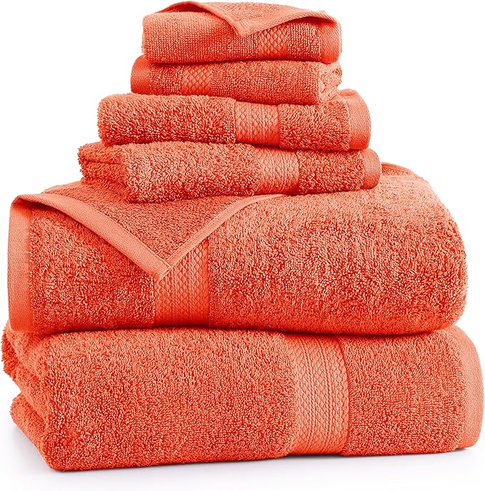 LANE LINEN 100% Cotton Luxury Bathroom Towel Set - 6 Pcs - Ring Spun, Quick Dry, Very Soft & Absorbent - 2 Bath, 2 Washcloths, 2 Hand Towels - Remains Fluffy Even After Multiple Washes - Tiger Lily
