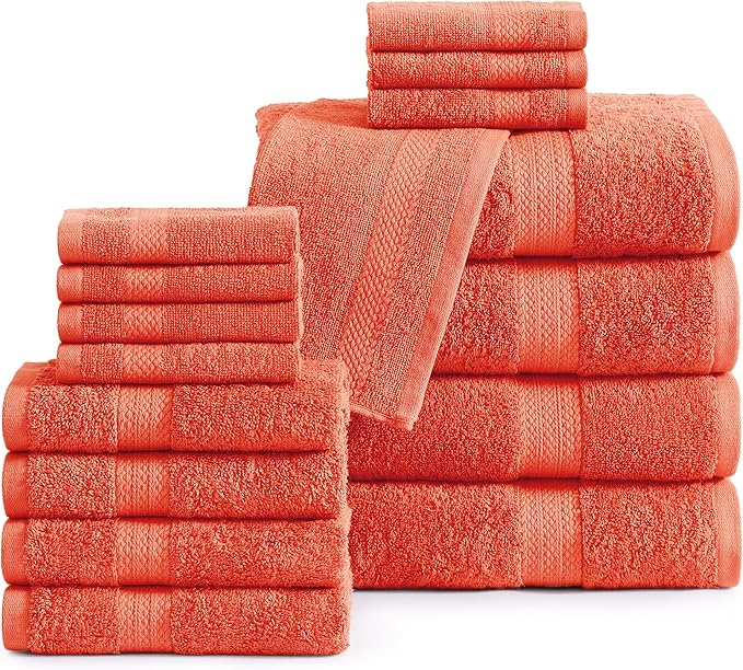 LANE LINEN 100% Cotton Luxury Bathroom Towel Set - 16 Pcs - Ring Spun, Quick Dry, Super Soft & Absorbent - 4 Bath, 8 Washcloths, 4 Hand Towels - Remains Fluffy After Multiple Washes - Living Coral