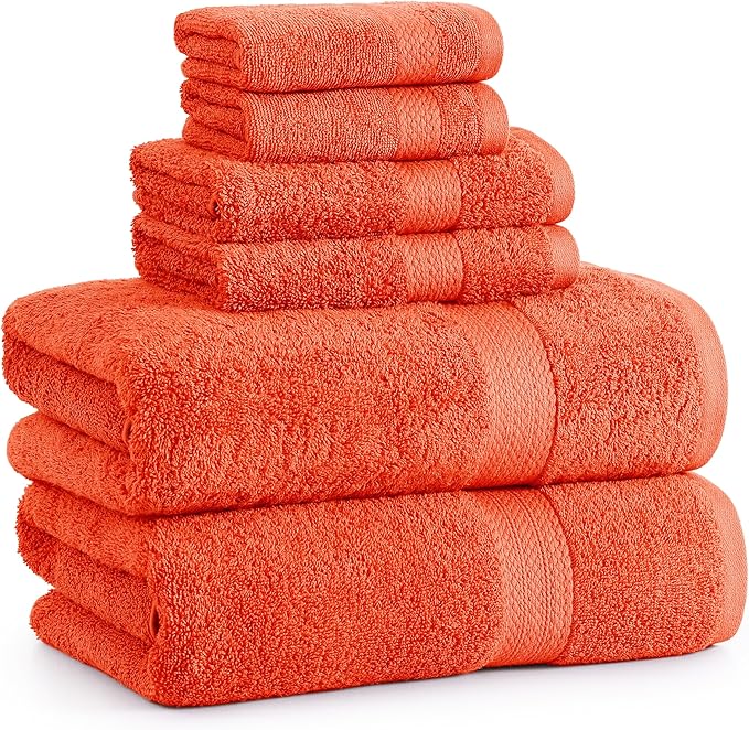 LANE LINEN 100% Cotton Luxury Bathroom Towel Set - 6 Pcs - Ring Spun, Quick Dry, Very Soft & Absorbent - 2 Bath, 2 Washcloths, 2 Hand Towels - Remains Fluffy Even After Multiple Washes - Tiger Lily