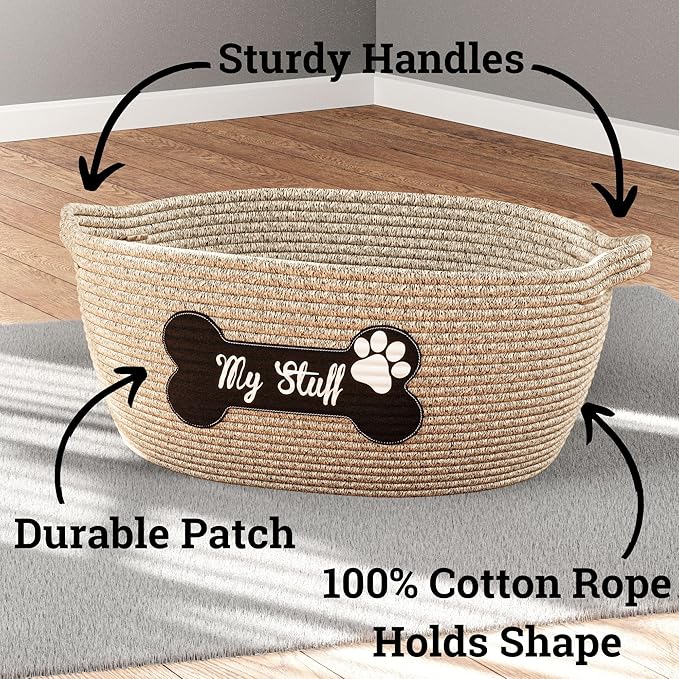 Dog Toy Basket - 100% Cotton Rope Woven Dog Toy Box for Living Room Area - Chew Proof Toybox Suitable for All Pets - Puppies to Large - Sturdy Reinforced Handles - Cute Aesthetic Design with Paw Print