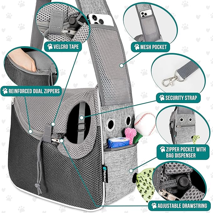 PetAmi Small Dog Sling Carrier, Soft-Sided Crossbody Puppy Carrying Purse Bag, Adjustable Sling Pet Pouch to Wear Medium Dog Cat Travel, Dog Bag for Traveling, Poop Bag Dispenser, Max 10 lbs, Gray