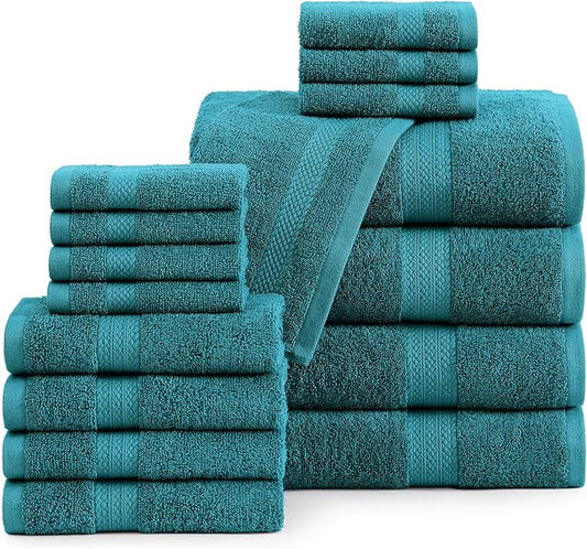 LANE LINEN 100% Cotton Luxury Bath Towel Set - 16 Pieces - Ring Spun, Quick Dry, Highly Soft & Absorbent - 4 Bath Towels, 8 Washcloths, 4 Hand Towels for Bathroom - Sustainably Produced - Sea Port