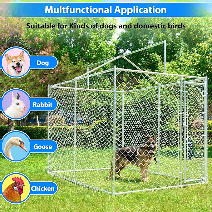 10x6x7.7ft Large Dog Kennel Outdoor, Heavy-Duty Outside Dog Kennel with Roof, Security Latch-Lock Door, Chain-Link Dog Enclosure Dog Run for Yard with Cover