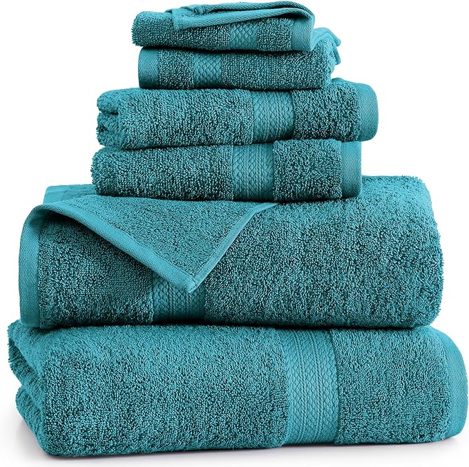 LANE LINEN 100% Cotton 6 Piece Bath Towel Set - Ring Spun, Quick Dry, Super Soft & Highly Absorbent - 2 Bath, 2 Washcloths, 2 Bathroom Hand Towels - Hotel Quality Luxury Bathroom Towel Set - Sea Port