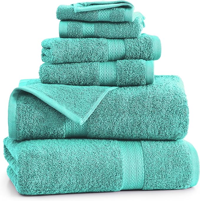 Lane Linen 100% Mercerized Cotton Luxury Bathroom Towel Set - 6 Pc - Quick Dry, Very Soft, Fluffy & Highly Absorbent - 2 Large Bath Towels, 2 Washcloths, 2 Hand Towel - Pet Friendly, Pre Shrunk - Teal