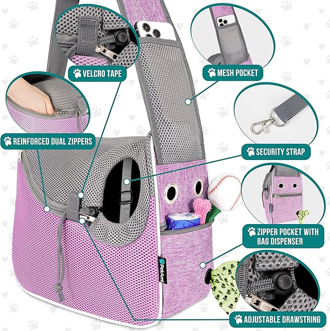PetAmi Small Dog Sling Carrier, Soft-Sided Crossbody Puppy Carrying Purse Bag, Adjustable Sling Pet Pouch to Wear Medium Dog Cat Travel, Dog Bag for Traveling, Poop Bag Dispenser, Max 10 lbs, Purple