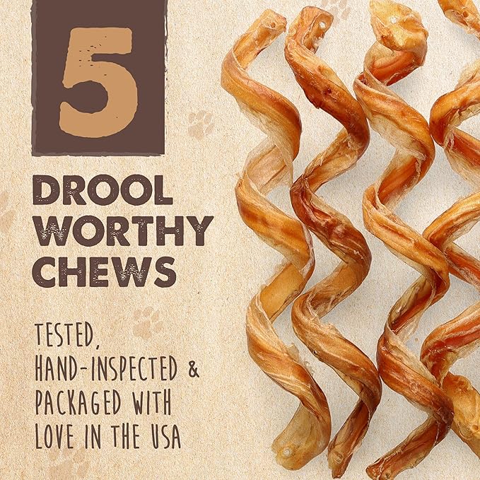 Mighty Paw Naturals Curly Bully Sticks for Dogs - Grass Fed Beef Dog Chews. Bully Sticks for Large Pets, Medium, Small Breeds. Lower Odor Treats for Small Pets. Single Ingredient 12”, 5 Pack