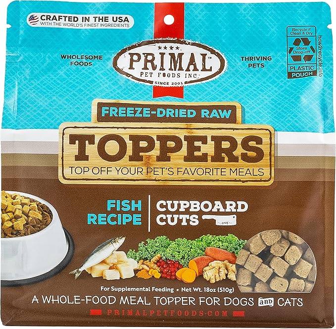 Primal Dog Food Toppers & Cat Food Toppers, Cupboard Cuts, Grain Free Meal Mixers with Probiotics, Raw Freeze Dried Dog Treats & Cat Treats, Great for Training (Fish, 18 oz)