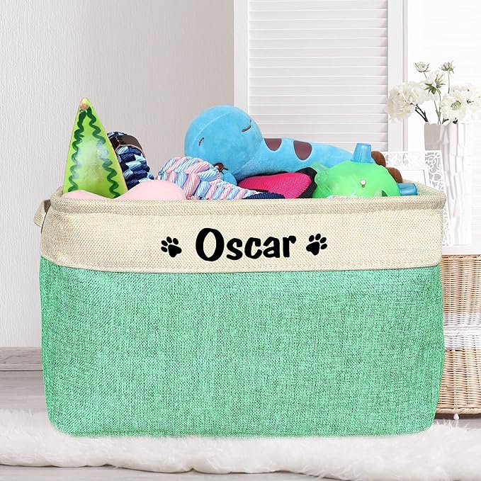 PET ARTIST Collapsible Dog Toy Storage Basket Bin with Personalized Pet's Name - Rectangular Storage Box Chest Organizer for Dog Toys,Dog Clothing,Dog Apparel & Accessories-Green