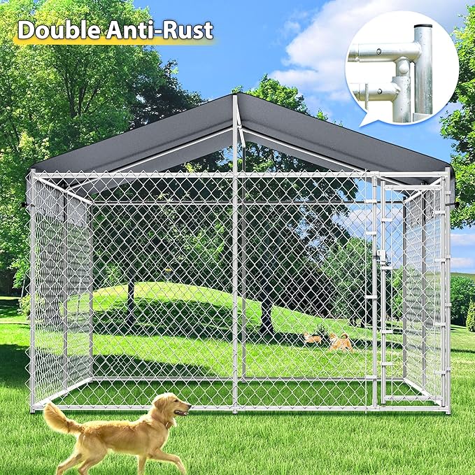 10x10ft Large Dog Kennel Outdoor, Heavy-Duty Outside Dog Kennel with Roof, Security Latch-Lock Door, Chain-Link Dog Enclosure Dog Run for Yard with Cover