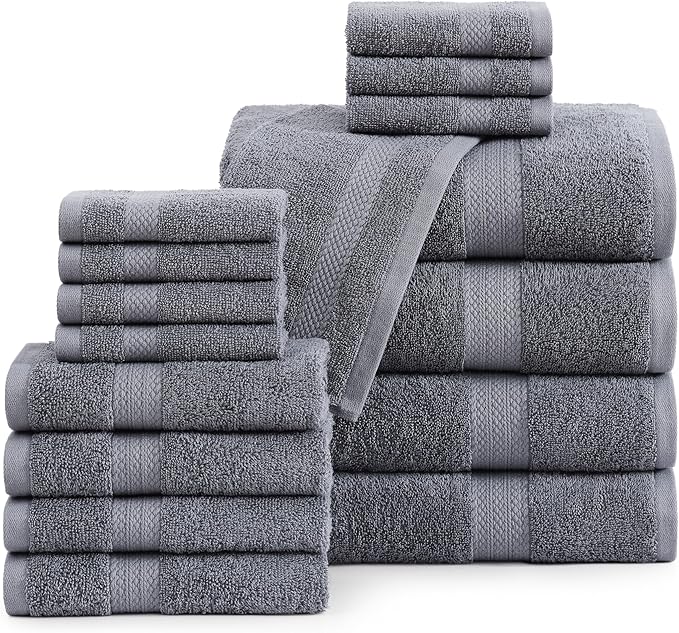 LANE LINEN 100% Cotton Luxury Bath Towel Set - 16 Pieces - Ring Spun, Super Soft & Highly Absorbent - 4 Bath, 8 Washcloths, 4 Hand Towels for Bathroom - Holds Well After Multiple Washes - Cool Grey