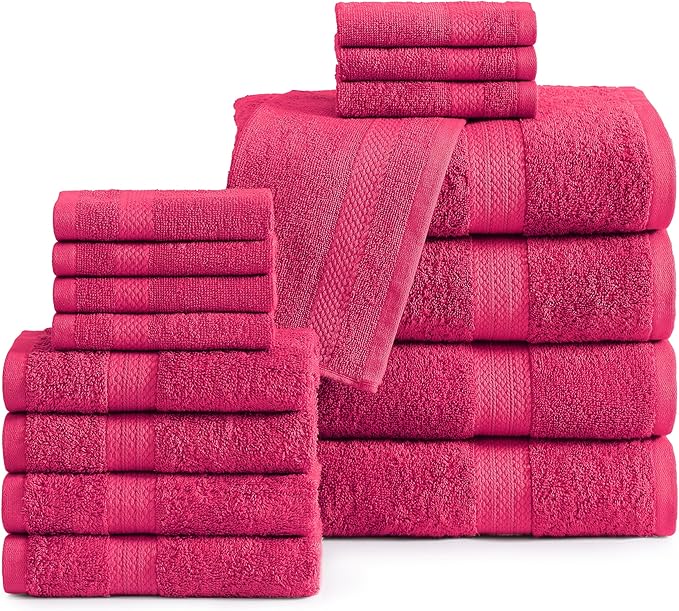 LANE LINEN 100% Mercerized Cotton Luxury Bathroom Towel Set - 16 Pcs - Premium Super Soft, Fluffy & Highly Absorbent - 4 Bath Towels, 8 Washcloths, 4 Hand Towels - Pre Shrunk, Pet Friendly - Fuschia